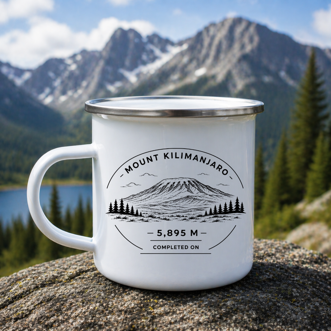 Personalised Mountain Challenge Celebration Enamel Mug