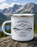 Personalised Mountain Summit Celebration Enamel Mug