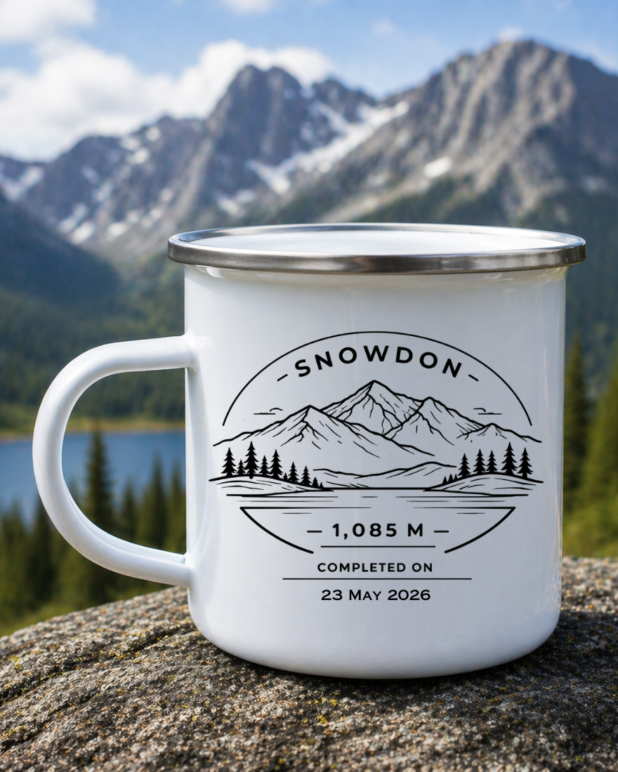 Personalised Mountain Summit Celebration Enamel Mug