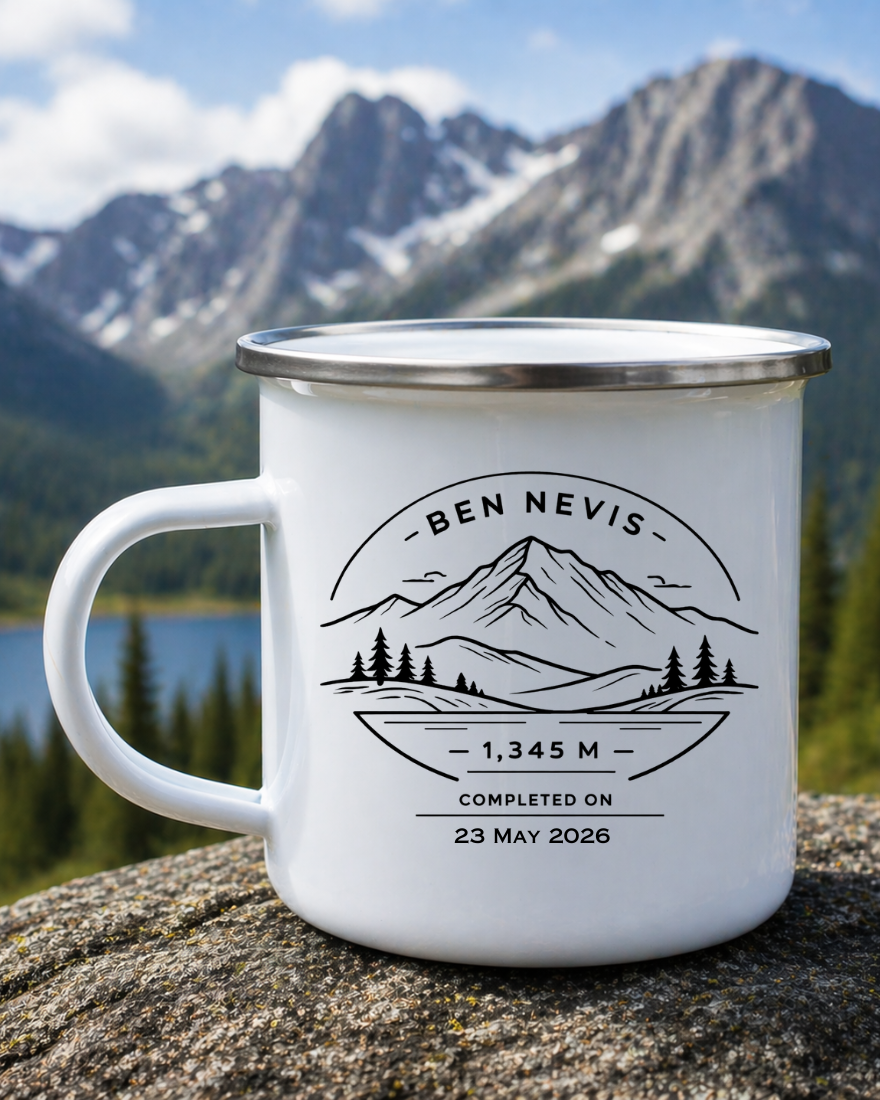 Personalised Mountain Summit Celebration Enamel Mug