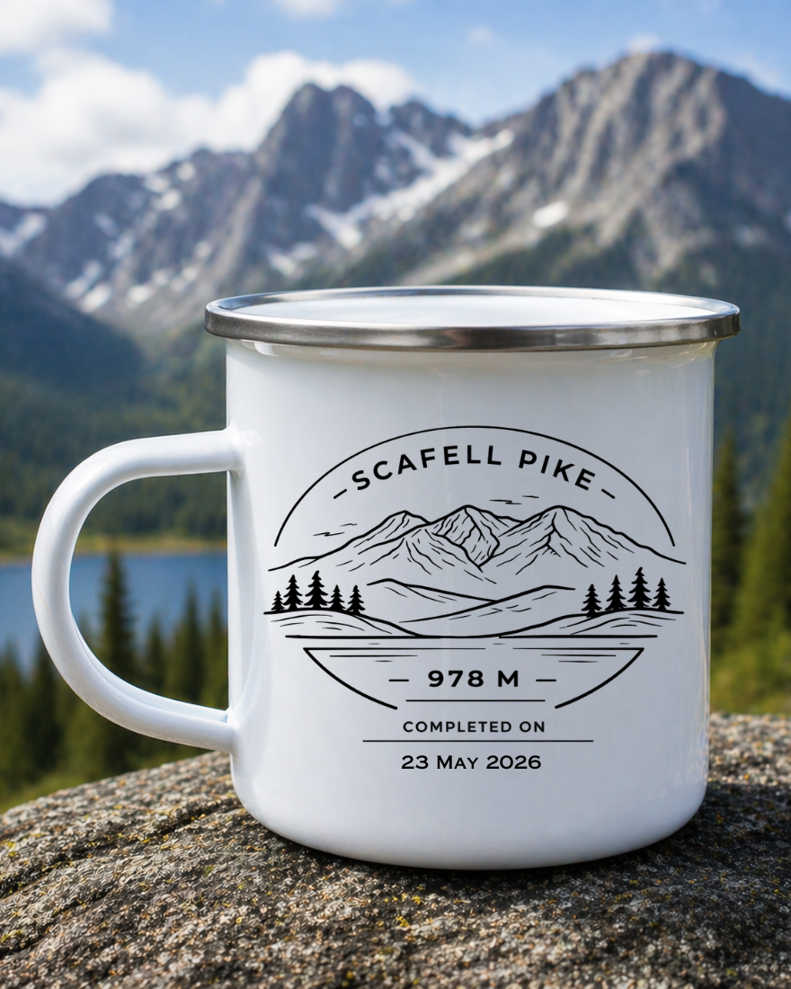 Personalised Mountain Summit Celebration Enamel Mug