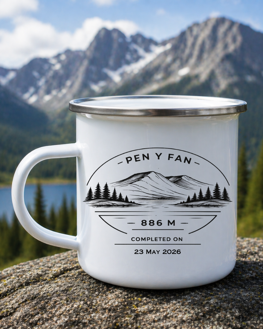 Personalised Mountain Summit Celebration Enamel Mug