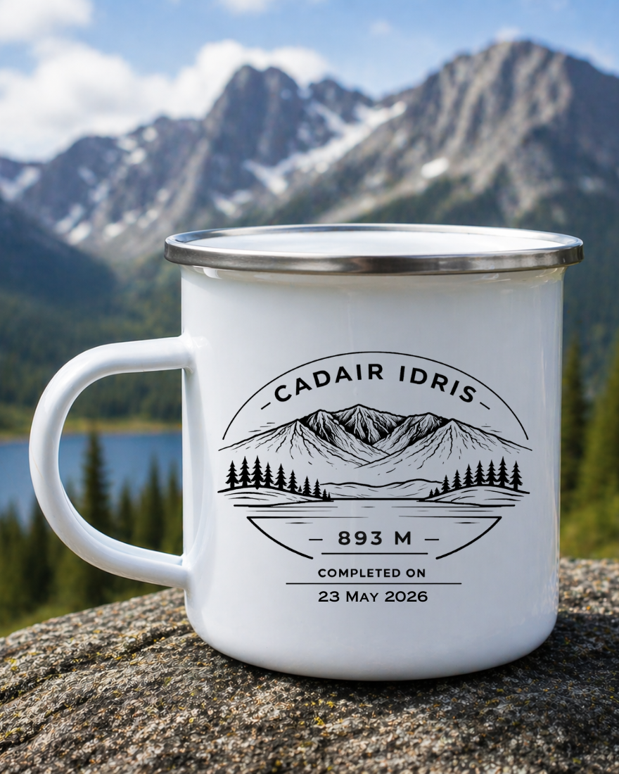 Personalised Mountain Summit Celebration Enamel Mug