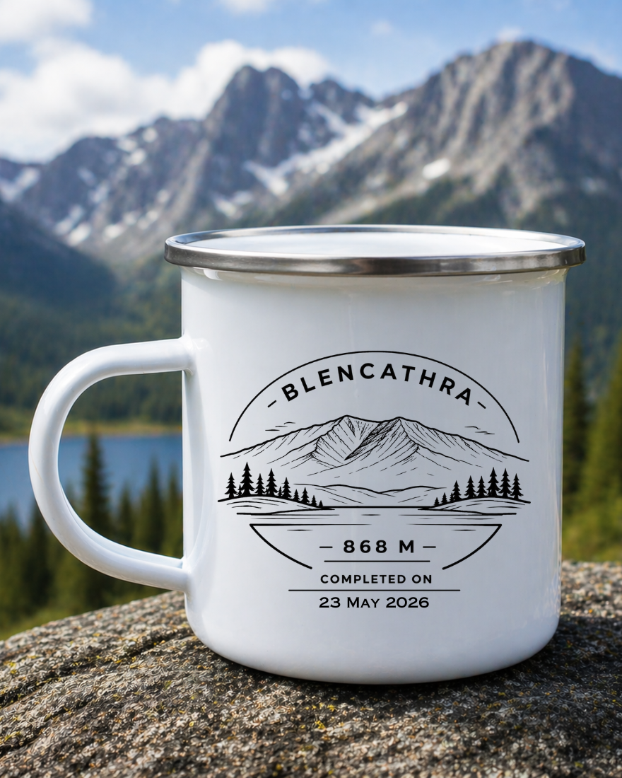 Personalised Mountain Summit Celebration Enamel Mug