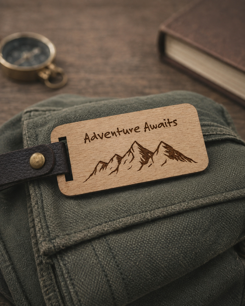 A rectangular wooden luggage tag engraved with 'Adventure Awaits' and a mountain illustration, attached to a black leather strap on an olive green canvas bag. A brass compass and a brown book are blurred in the background on a wooden surface.