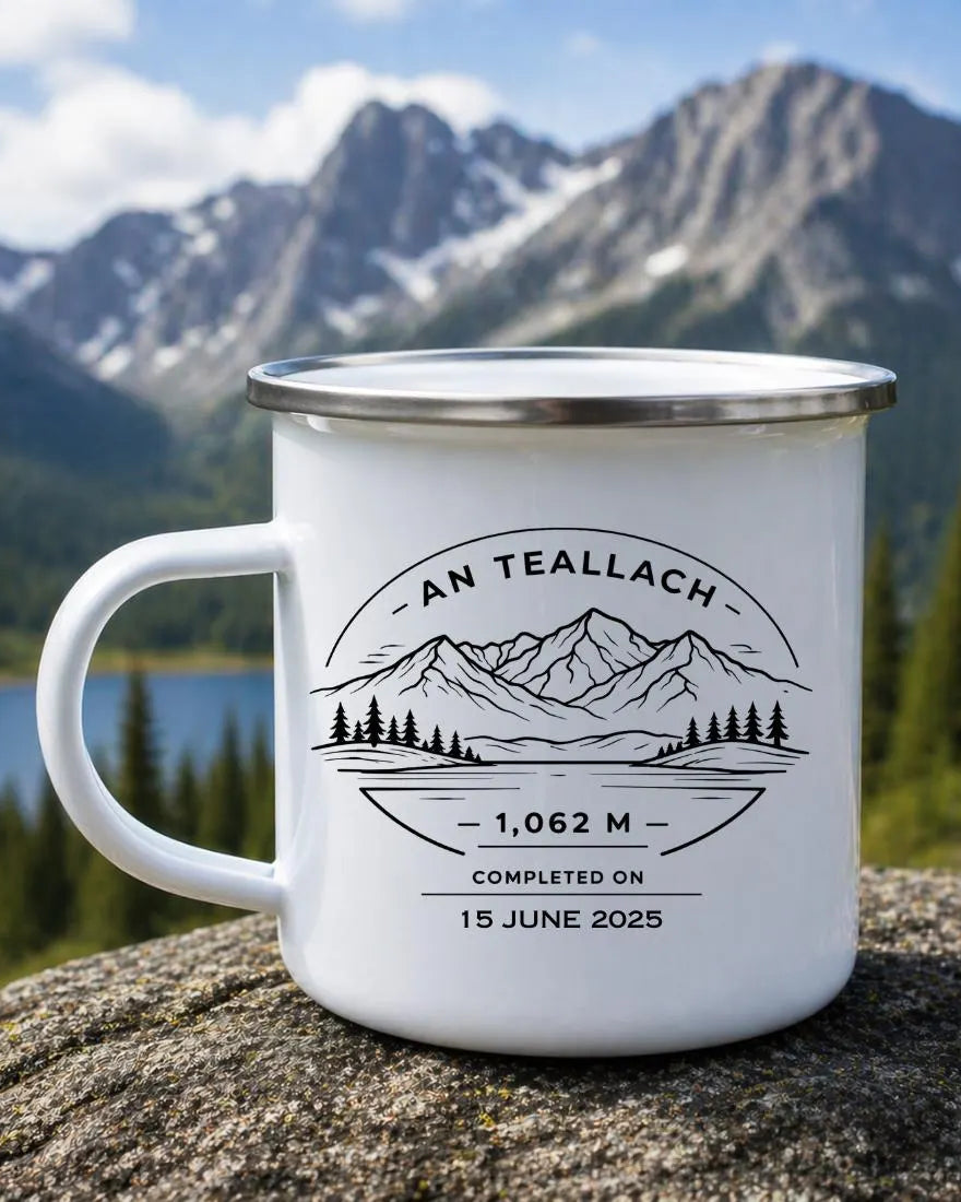 Personalised Mountain Summit Celebration Enamel Mug