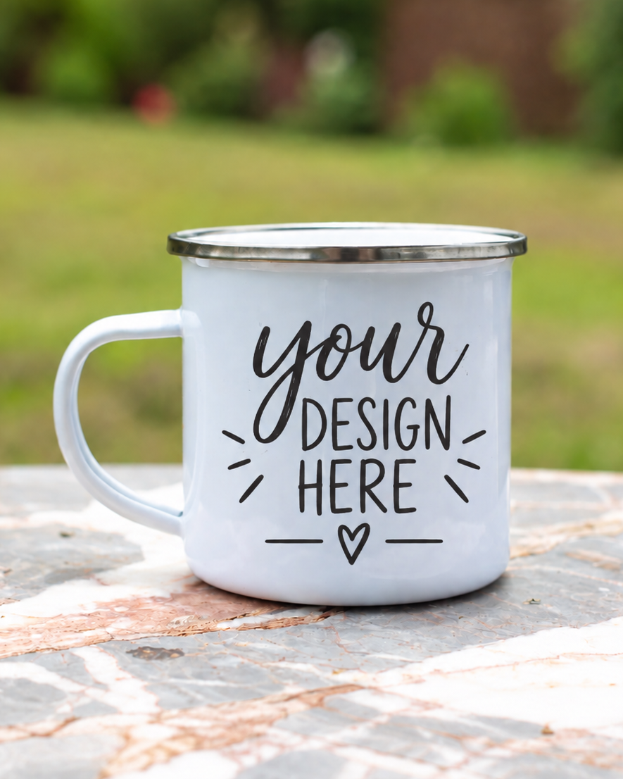 A white enamel camping mug with a silver metal rim and handle, featuring the customizable black text 'your DESIGN HERE' on the front, resting on a stone surface with a blurred green outdoor background.