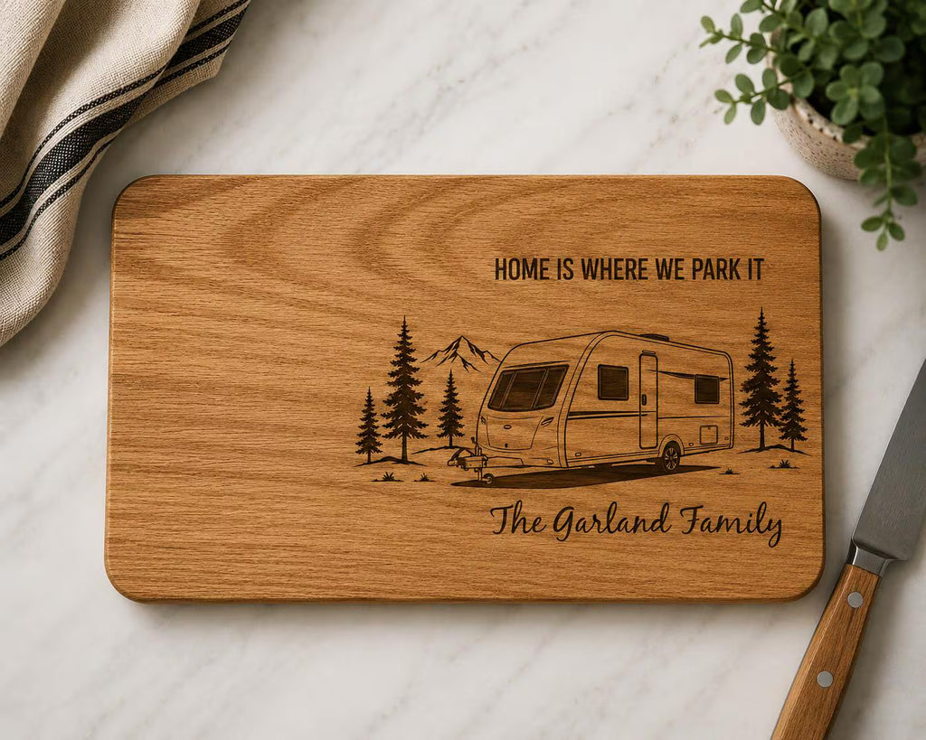 Personalised Campervan Gift Set - Chopping Board and Enamel Mugs