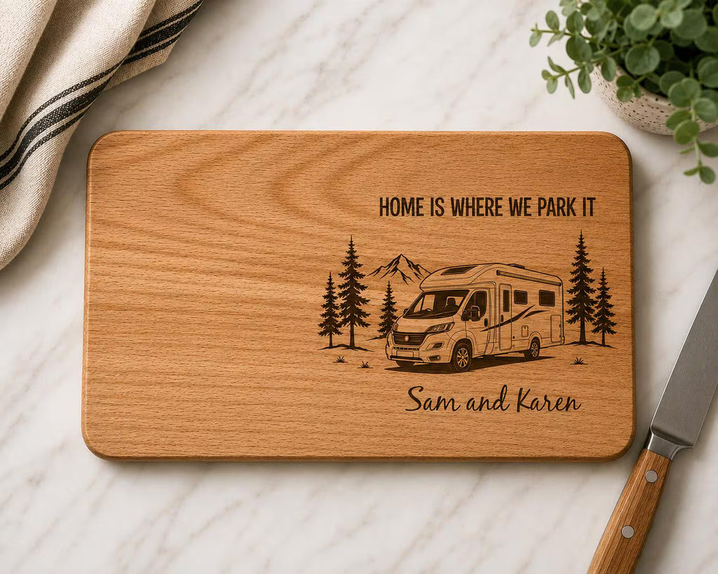Personalised Campervan Gift Set - Chopping Board and Enamel Mugs