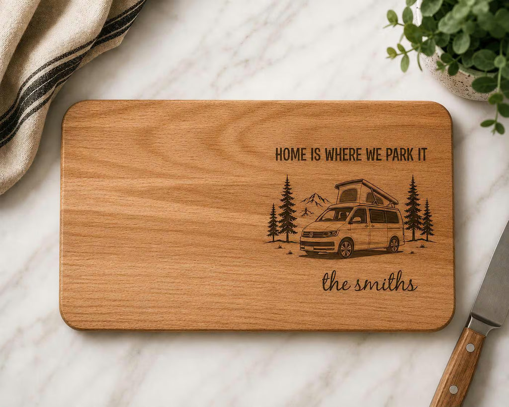 Personalised Campervan Gift Set - Chopping Board and Enamel Mugs
