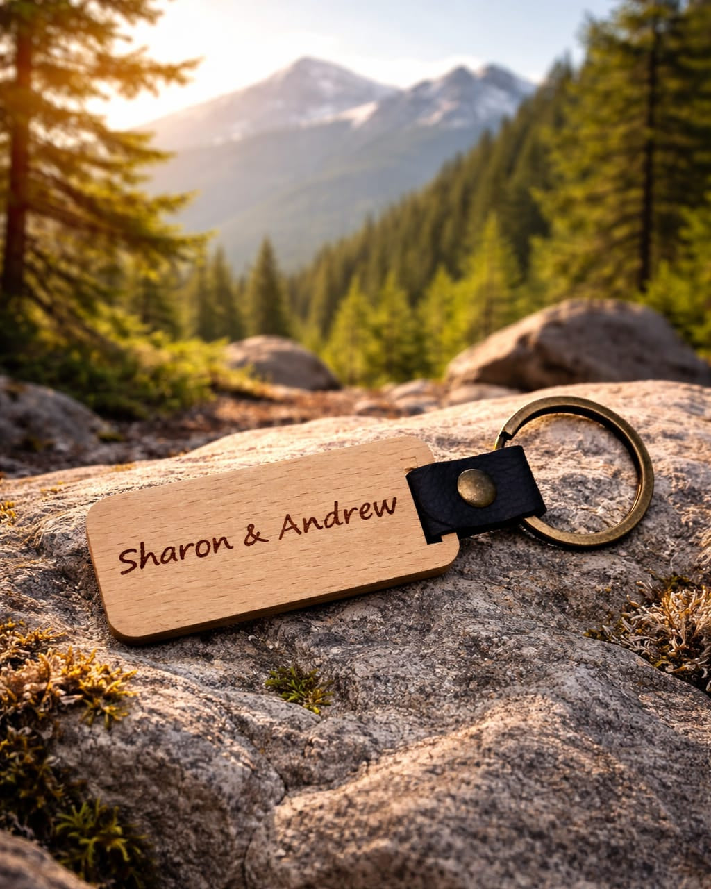 A personalized wooden keychain engraved with the names 'Sharon & Andrew' lies on a large rock in a mountain forest setting with mountains and trees in the background.