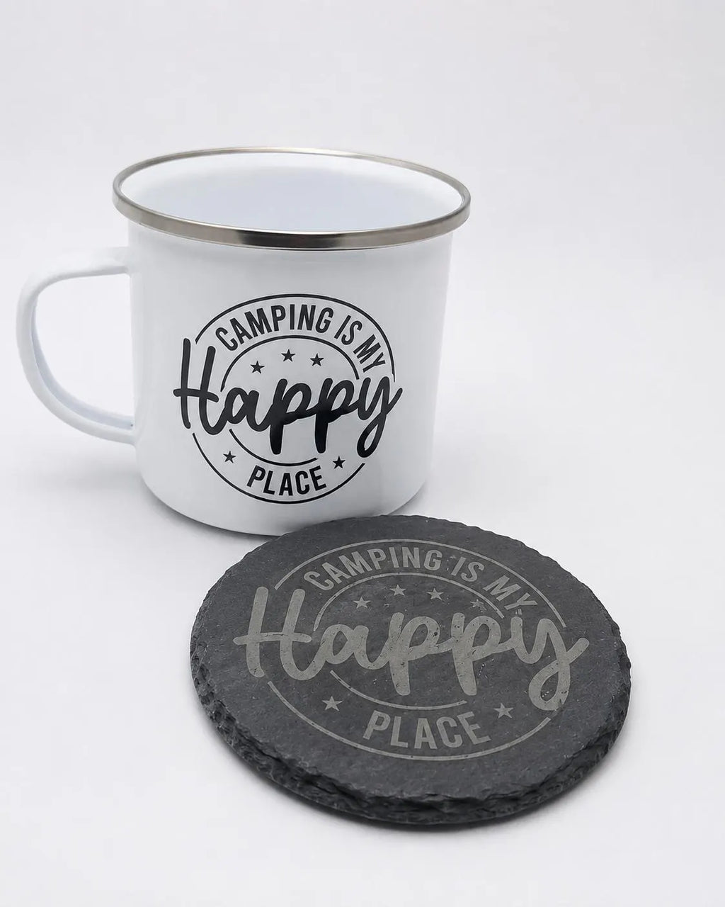 Camping Is My Happy Place - Enamel Mug and Slate Coaster Set