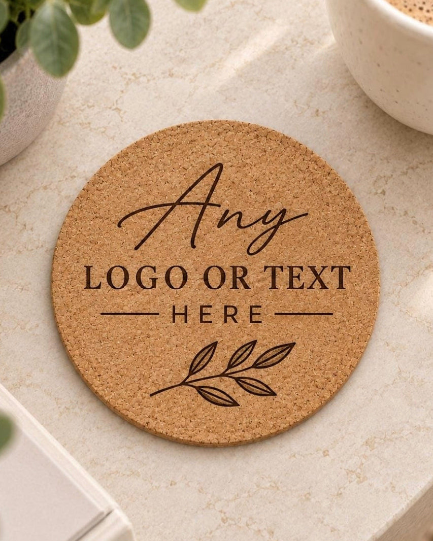 A round cork coaster with customizable black text and a leaf illustration, displayed on a light marble tabletop with a coffee cup, plant, and book in the background.