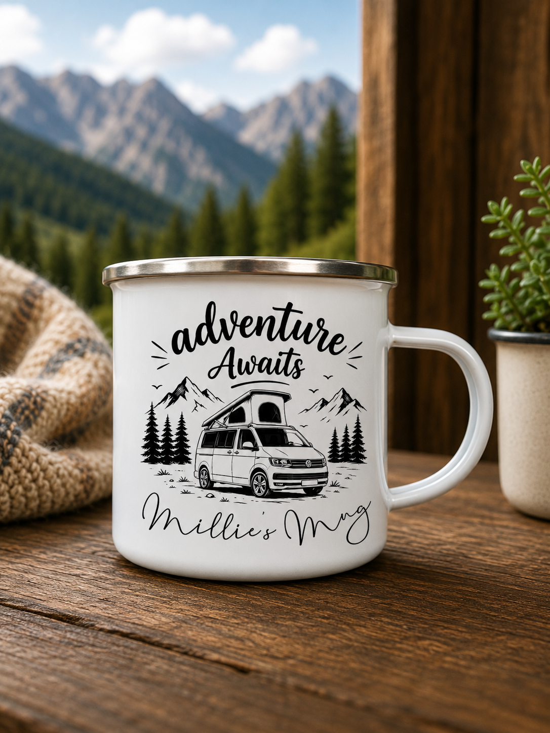 Personalised Adventure Awaits Enamel Mug