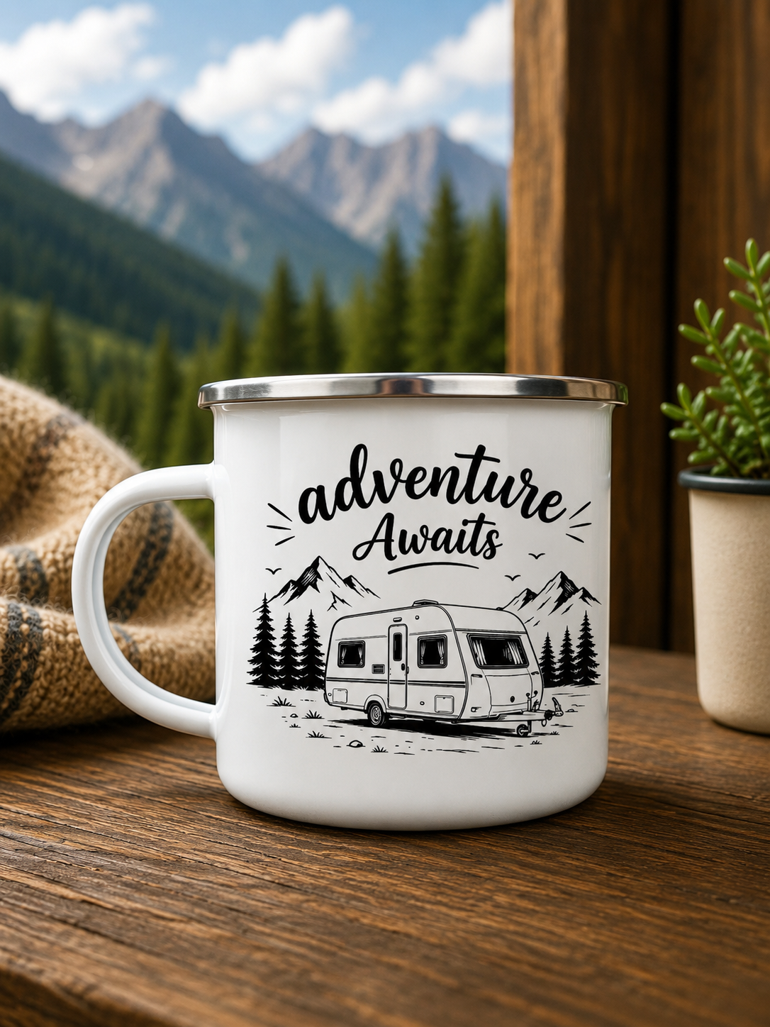 Personalised Adventure Awaits Enamel Mug