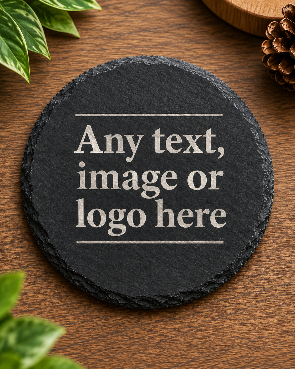 A round black slate coaster with a rough natural edge, displayed on a wooden tabletop. The coaster features a light gray placeholder text that reads 'Any text, image or logo here' framed by thin horizontal lines.