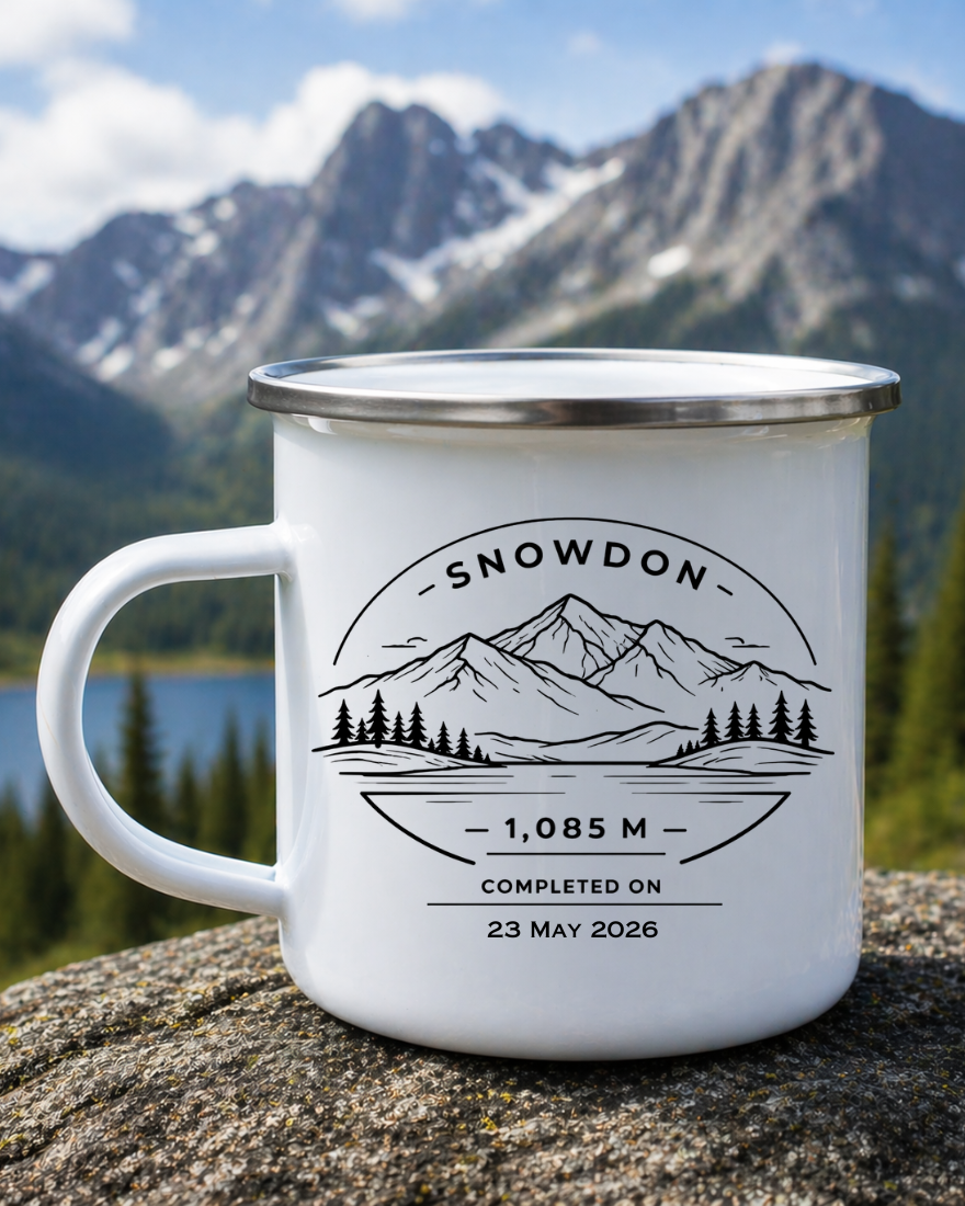 Personalised Mountain Summit Celebration Enamel Mug