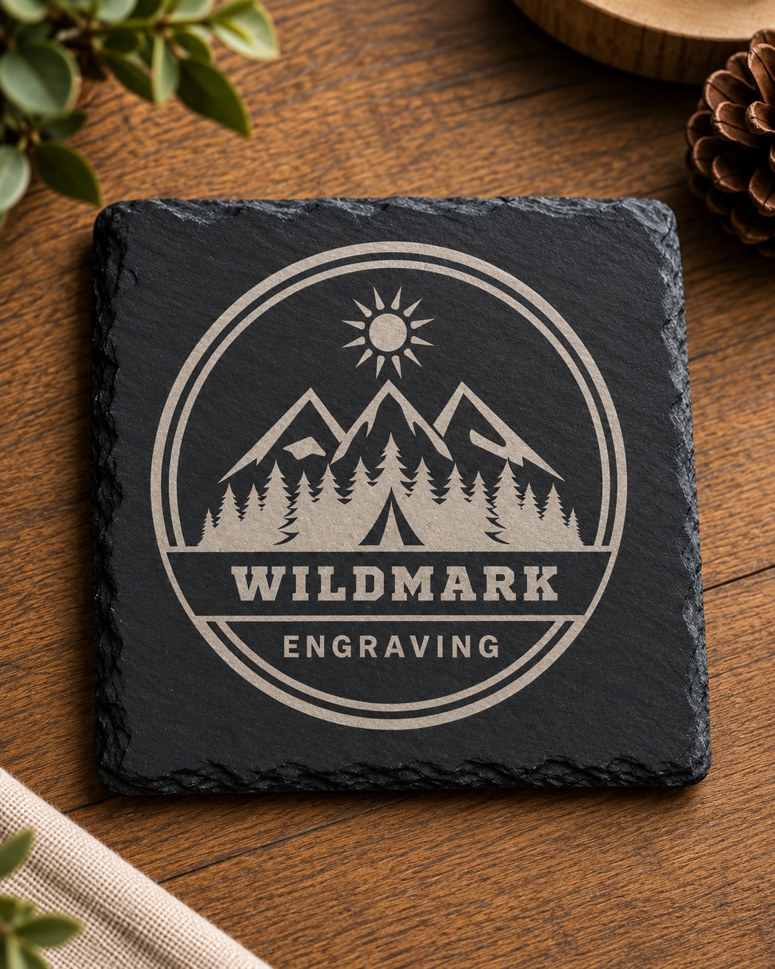 A square dark slate coaster with a laser-engraved circular mountain and sun logo reading WILDMARK ENGRAVING, placed on a wooden tabletop with small plant and pinecone props around it.